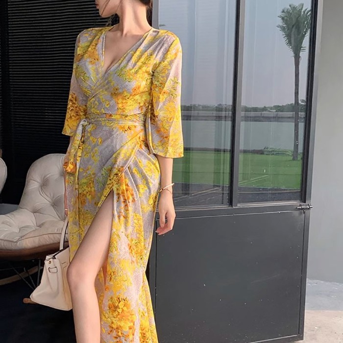 Newlan Newlan Yellow Flower Kimono QZ087 