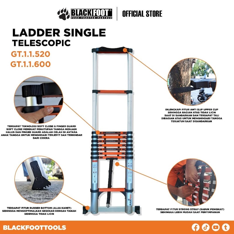 BLACKFOOT Telescopic Single Ladder 5.2M 2