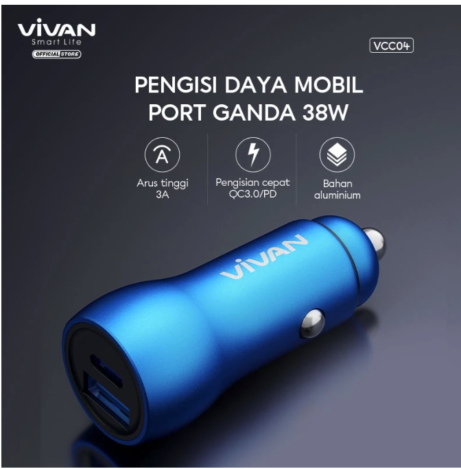  Wook Global Technology Vivan Car Charger 2 Ports 38W Blue  VCC04 