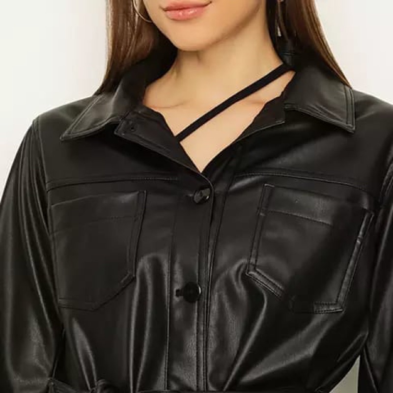 Rise Leather Leather Jacket Mode Kameja Tali Pinggang