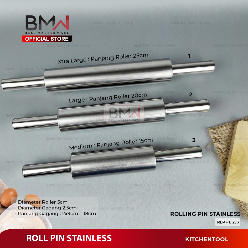 BMW Kitchen Ware Rolling Pin Penggilas Adonan Kue Pemipih Stainless Steel