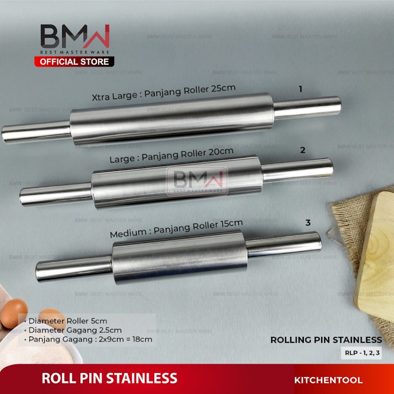 BMW Kitchen Ware Rolling Pin Penggilas Adonan Kue Pemipih Stainless Steel 2