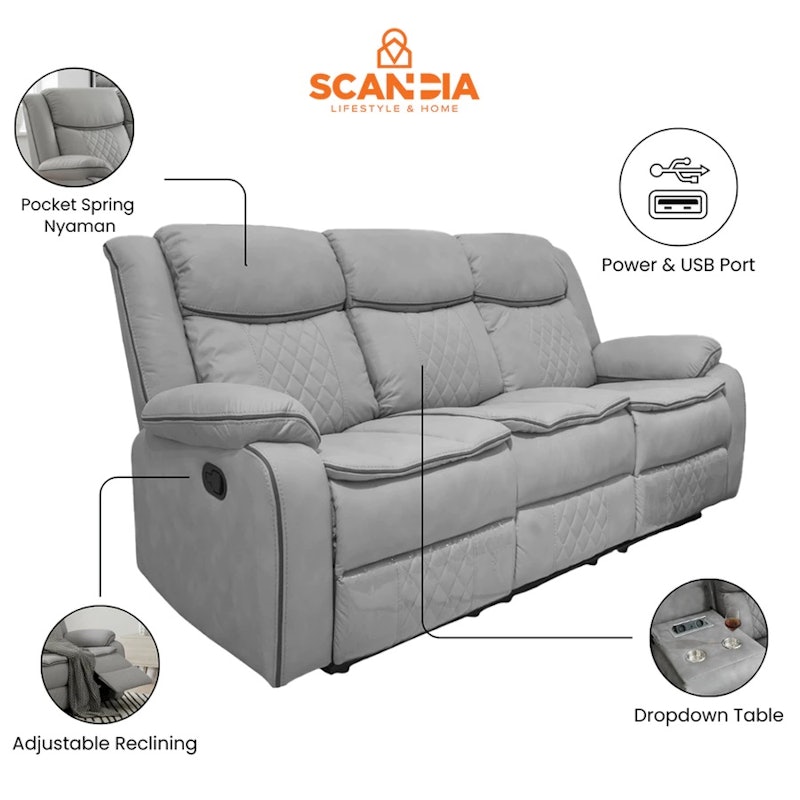 SCANDIA Dahlberg Sofa Recliner 3 Seater with Dropdown 5
