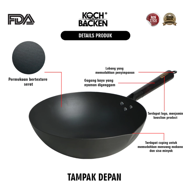 KOCH BACKEN INTERNATIONAL KOCH&BACKEN® Carbon Steel Wok Deep Nitriding Flat Bottom with Wooden Handle 30 cm 