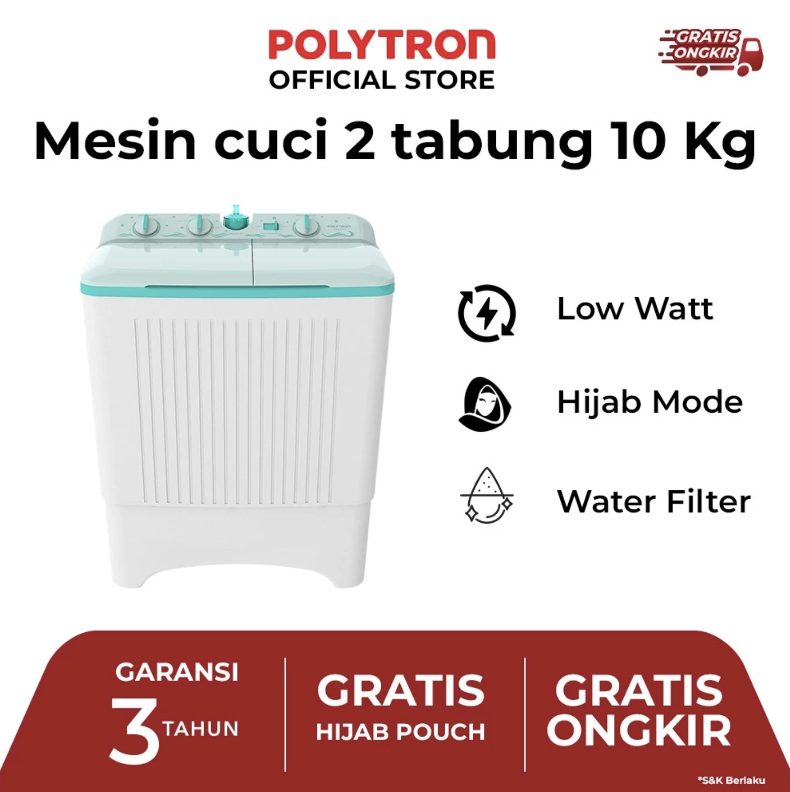 Hartono Istana Teknologi Polytron Mesin Cuci 2 Tabung Giant Series Hijab 10 kg PWM 1076G