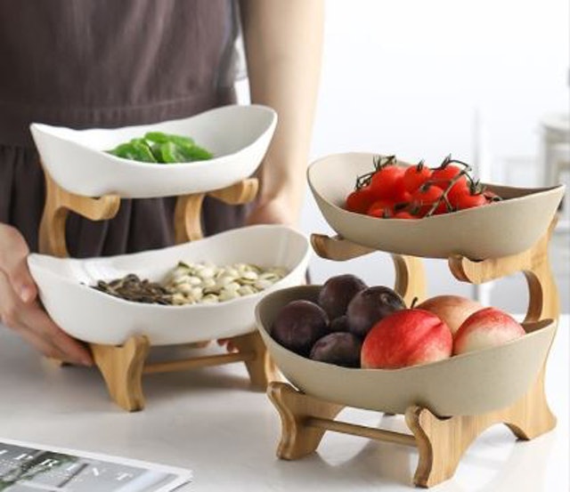 Yutensil Tempat Buah Keramik Tingkat + Tatakan Kayu