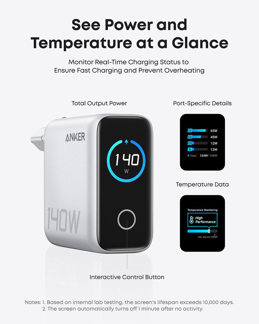 Anker Innovations Anker Smart Digital Touch Display 140W GaN Charger Foldable Fast Charging 4 Ports with Type C Cable