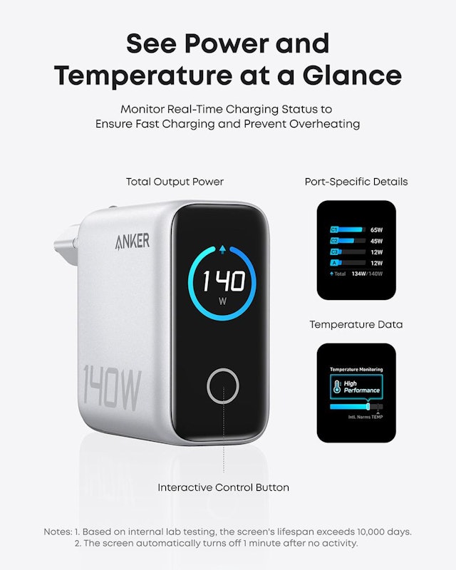 Anker Smart Digital Touch Display 140W GaN Charger Foldable Fast Charging 4 Ports with Type C Cable 3