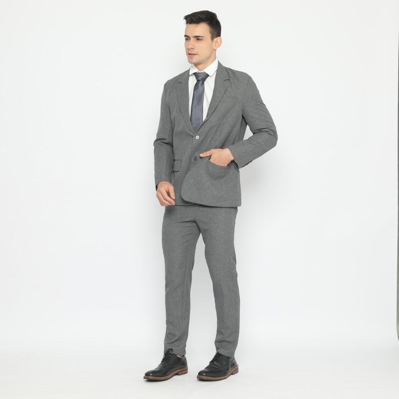 Jas Kancing Dua Wool Touch Abu Muda Slimfit