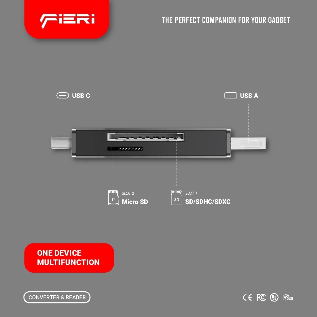 Fieri Dual Card Reader USB-A 3.0 & USB Type C Super Speed LED 3