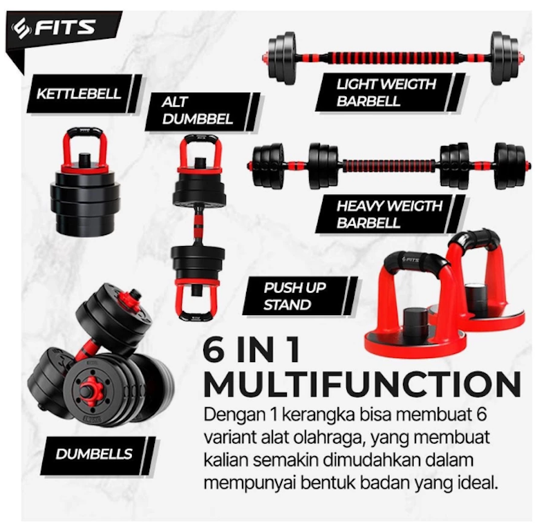 SFIDN FITS 6in1 Multifunction Dumbell Kettlebell Barbel Set Premium 20kg 5