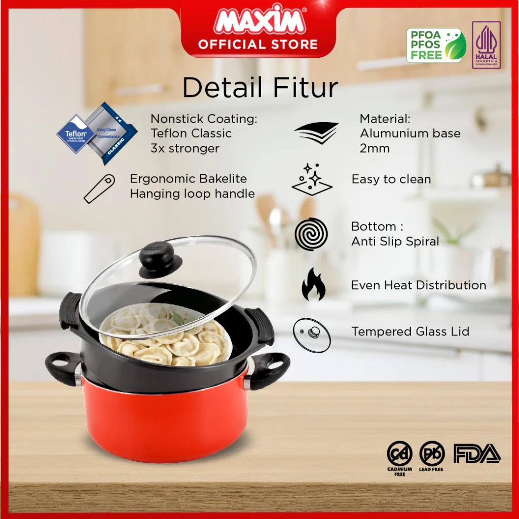 Maxim Valentino Panci Teflon Anti Lengket 24 Cm Dutch Oven + Tutup Kaca + Steamer