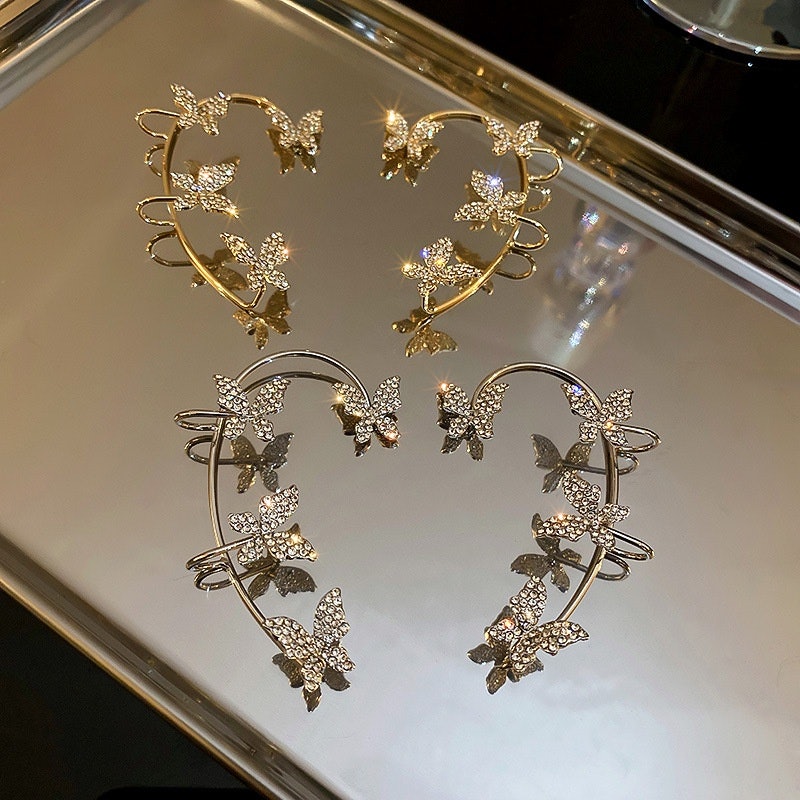 Simple Gold Silver Earrings Butterfly Crystal Ear Clip 1