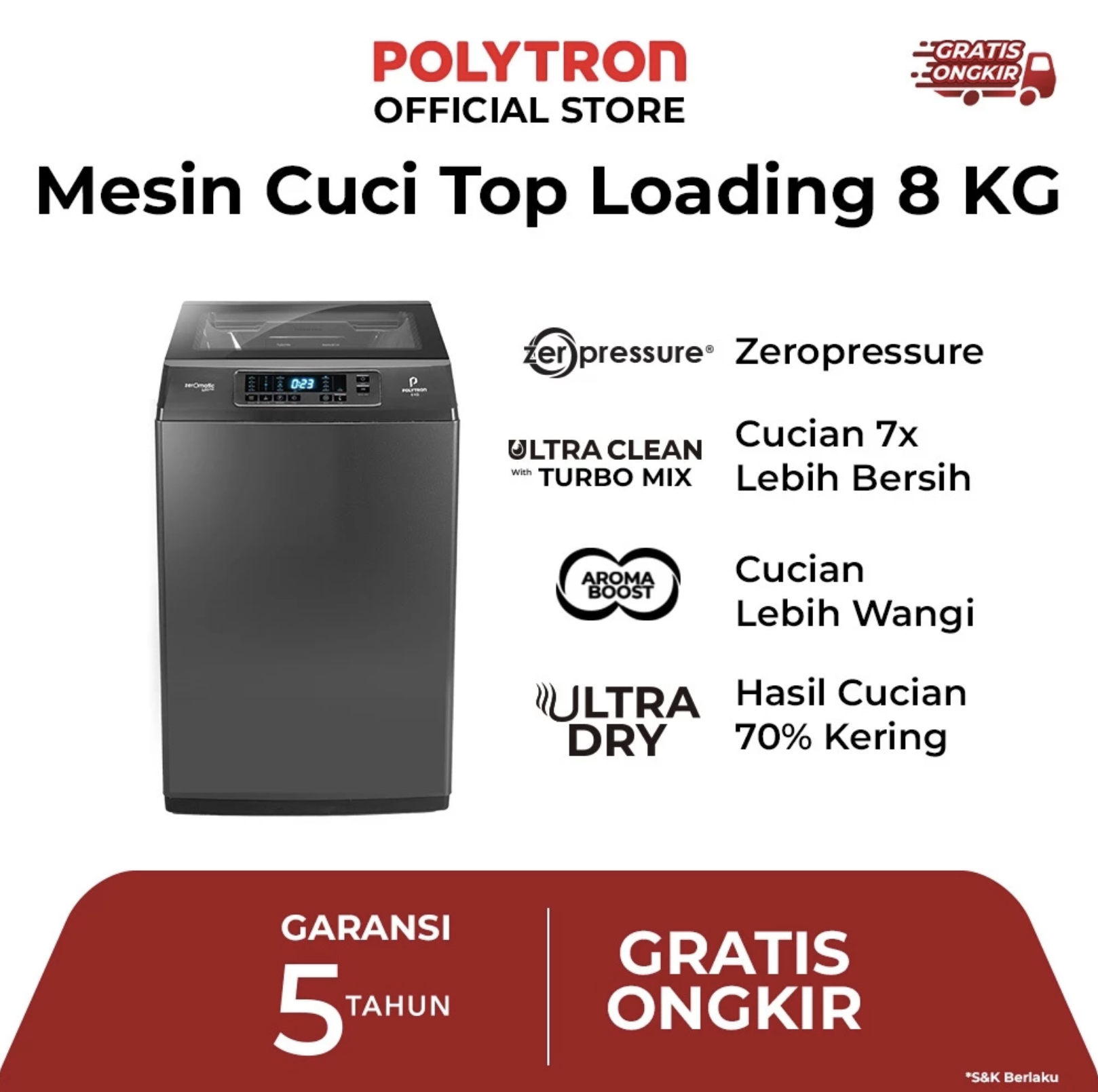 Hartono Istana Teknologi Polytron Mesin Cuci 1 Tabung Zeromatic Laguna Series Hijab 8 kg PAW 8028Y