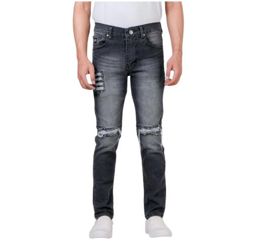 RoosterDenim Celana Sobek Jeans Panjang Ripped Strect Knee Abu Wash 1