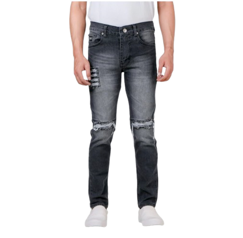 RoosterDenim Celana Sobek Jeans Panjang Ripped Strect Knee Abu Wash 1