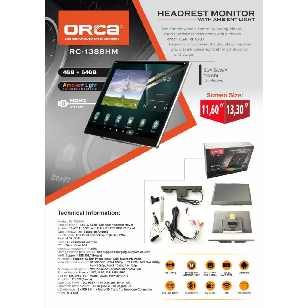 ORCA Headrest Monitor Android 11 Inch   3