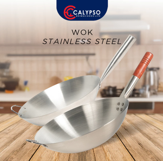  Calypso Wok Kuali Wajan Penggorengan Ukuran 30-40cm Gagang Stainless & Kayu