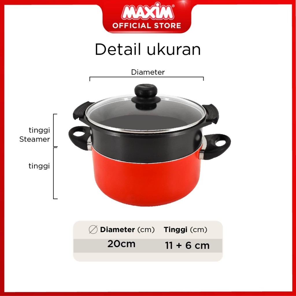 Maxim Valentino Panci Teflon Anti Lengket 24 Cm Dutch Oven + Tutup Kaca + Steamer