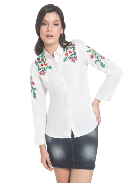Kemeja Wanita Lengan Panjang Motif Gambar Bunga - Putih 1