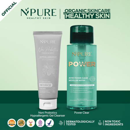 Penta Natural Kosmetindo N'PURE Paket Double Cleansing Noni Probiotics Gentle Gel Cleanser + Acne Power Clear Micellar Water