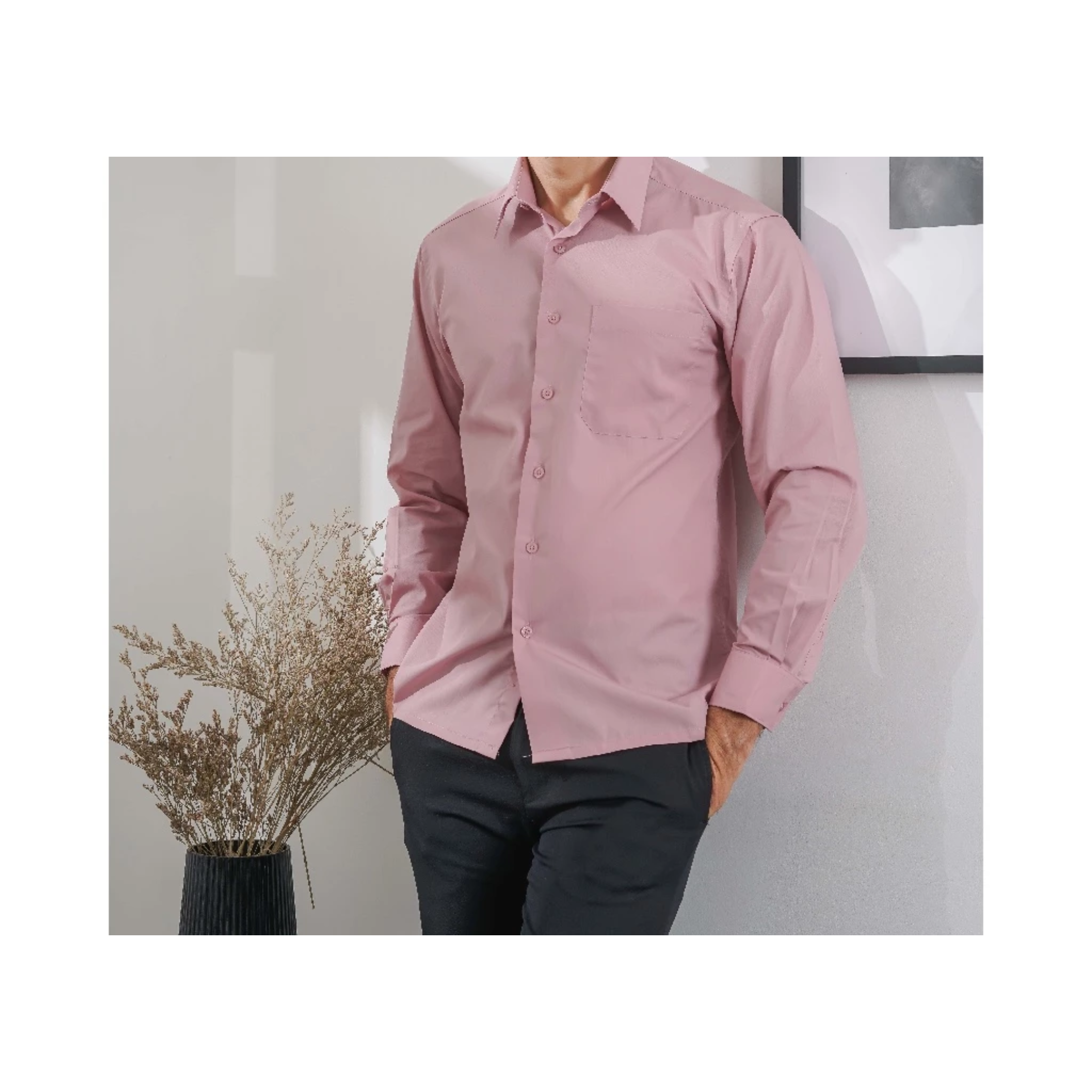  BOSS Kemeja Polos Pria Lengan Panjang Regular Fit Dusty Pink