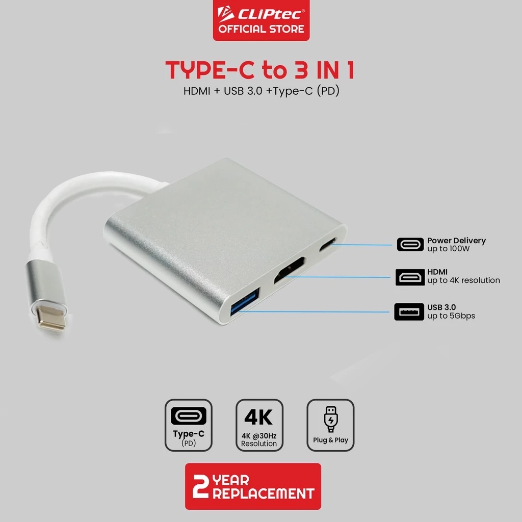 Cliptec Type-C to HDMI 3 in 1 Adapter 3