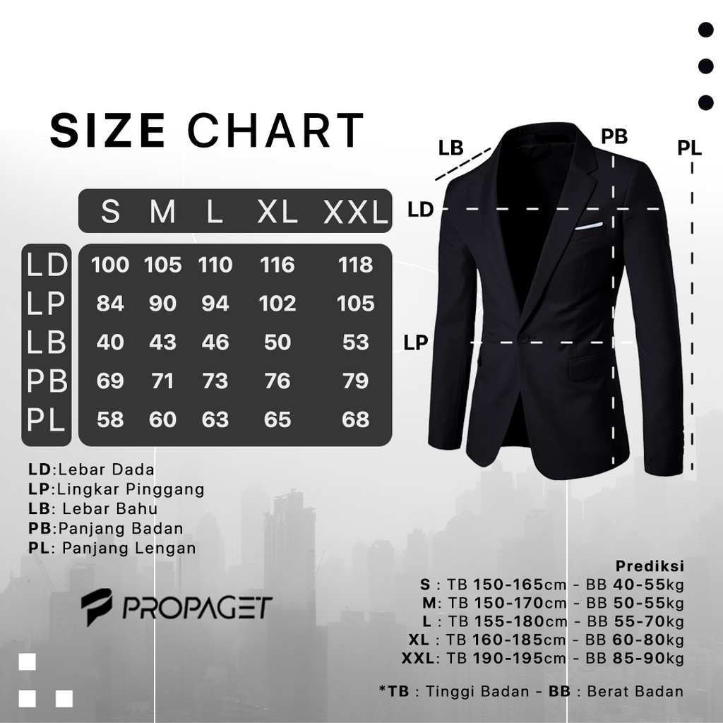  Propaget Jas Formal Pria Slimfit Hitam List Putih