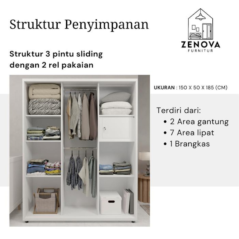 ZENOVA Lemari Pakaian Besi 3 Pintu 2