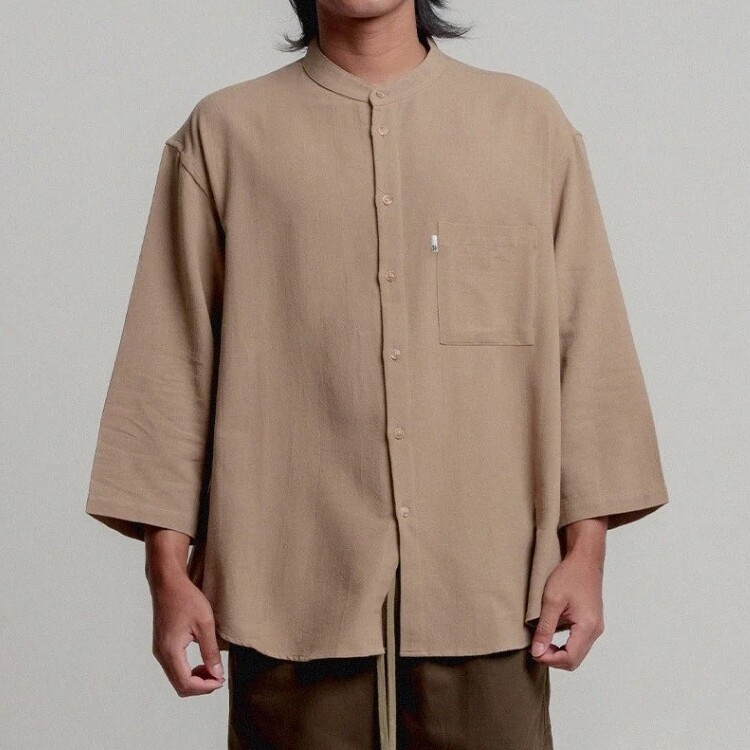  HASIER Linen Band Collar 7/8 Sleeve Shirt