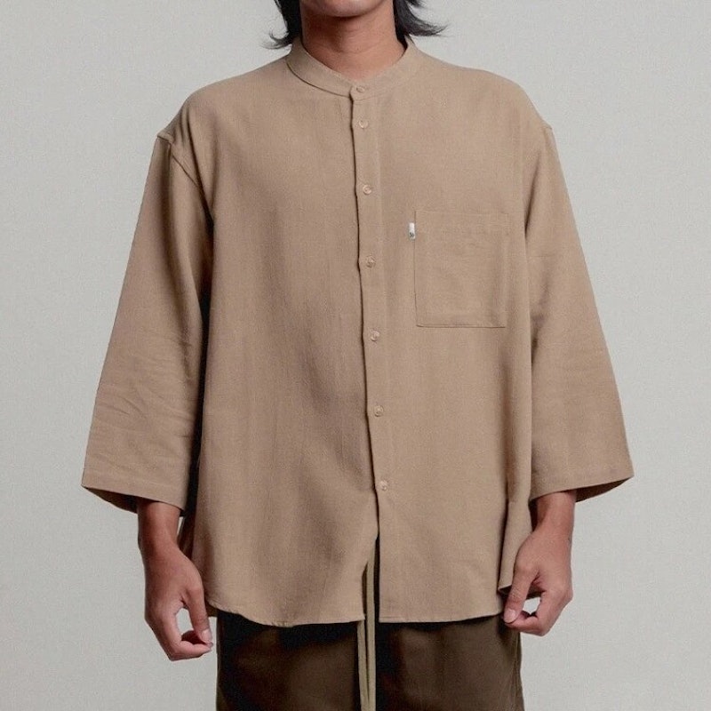 HASIER Linen Band Collar 7/8 Sleeve Shirt 3