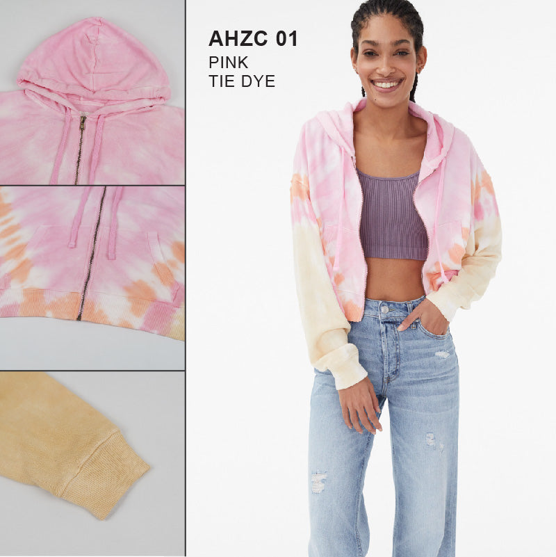 Aéropostale Oversize Tie Dye Full Zipper Crop Hoodie - Pink AHZC 01