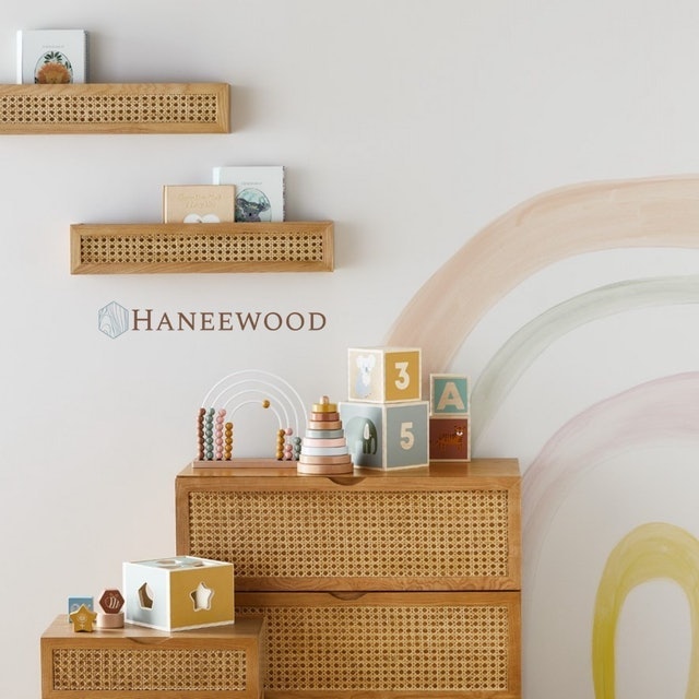 Haneewood Rak Majalah Aesthetic Kayu Jati Belanda Kombinasi Rotan Dekorasi Dinding