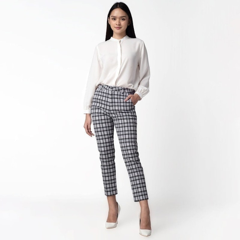 Celana Tartan Wanita "Narae" Plaid Pants Kotak White 1