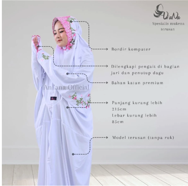  Ani'Ana Mukena Terusan Polino Santri Bordir Bunga Mukenah Lajuran