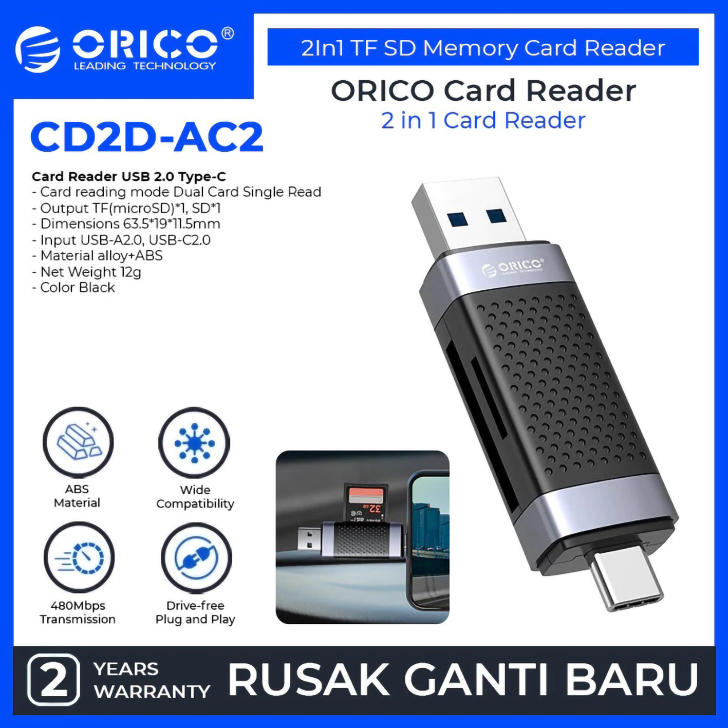 ORICO 2in1 TF SD Memory Card Reader USB 2.0 Type C 5
