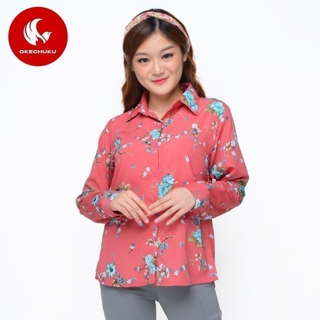 Moeh Baju Kemeja Wanita Korea Lengan Panjang Corak Bunga 3