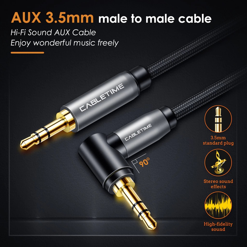 Ningbo Cabletime Electronics CABLETIME Kabel Aux 3.5mm 90 Degree Right Angle Audio Aux Male To Male