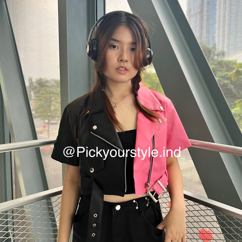 PICKYOURTSYLE.IND Leather Jacket Crop Two Tone