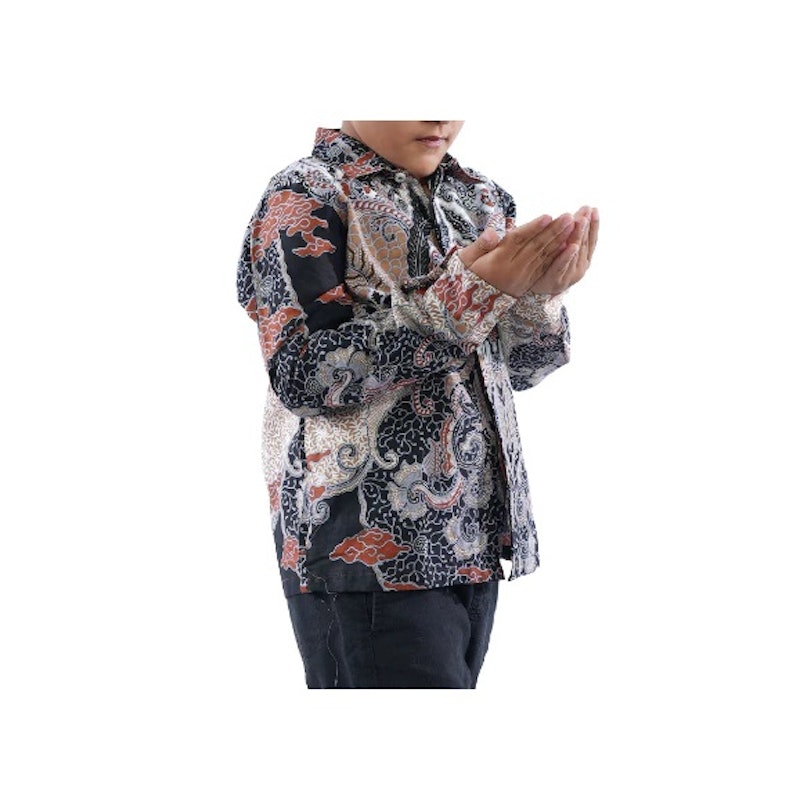BATIK TRUSMI Atasan Batik Anak Kemeja Laki-Laki Motif Motif Mega Mendung Sawat Coklat 3