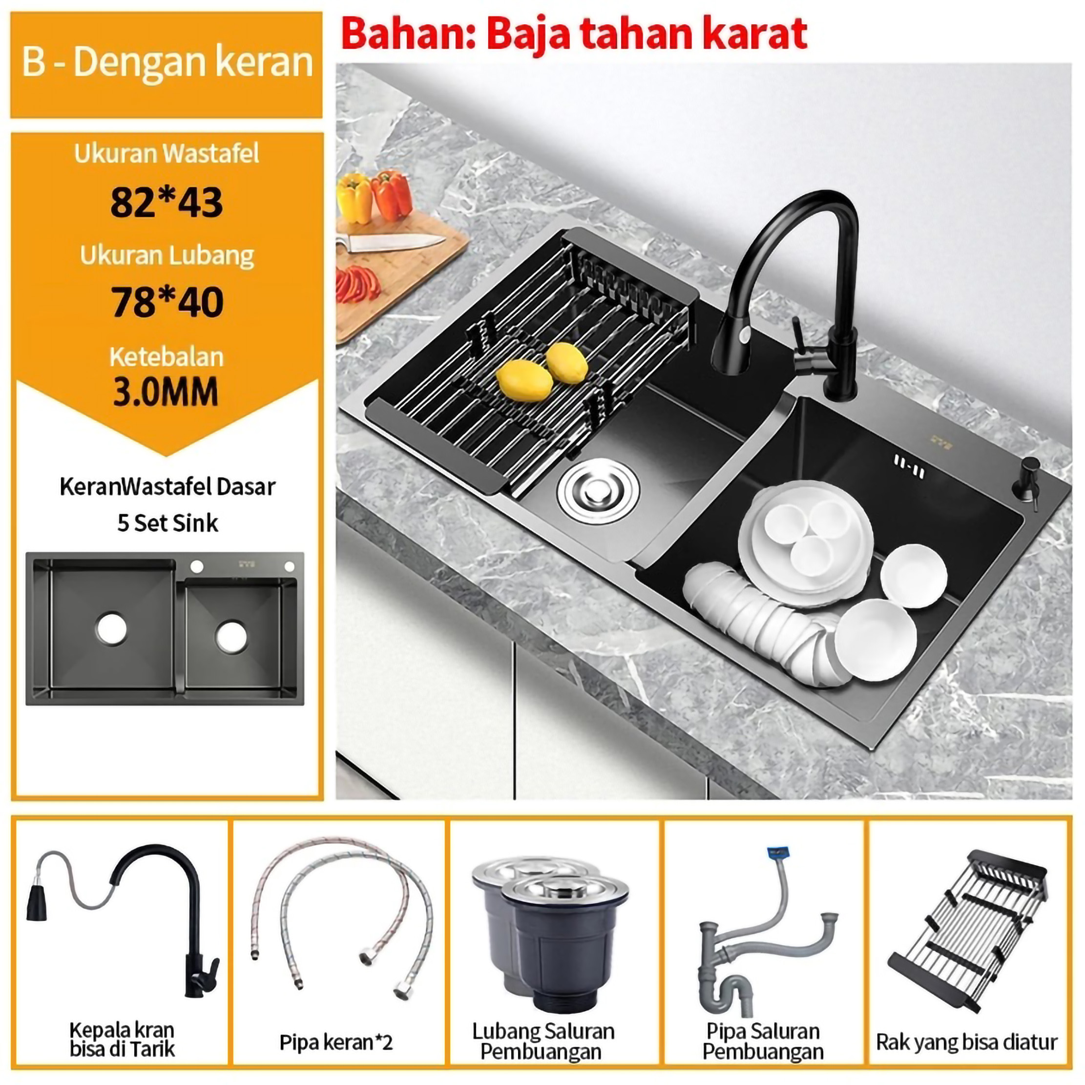 Lenodi Set Wastafel Stainless Steel Two Slots Black