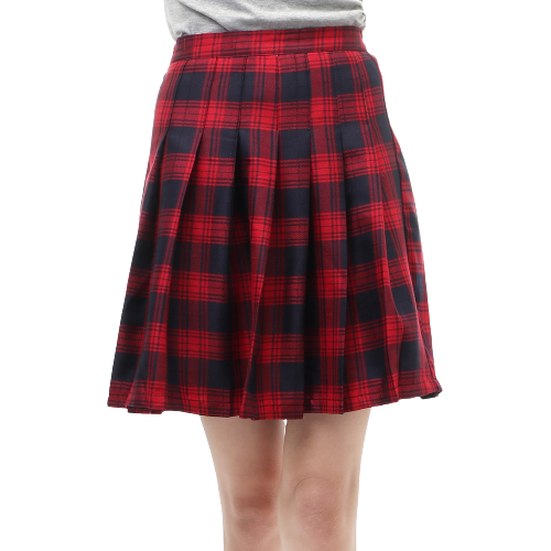 Rok Midi Wanita Motif Tartan Rubbery Waist Design Simple - Red