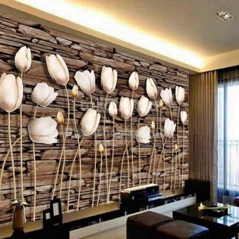 Wallpaper Bunga Tulip 3D Motif Batu Alam 5