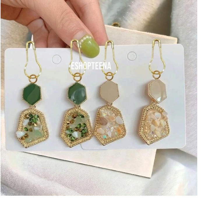  Anting Hijab Segi 5 Diamond Batu Warna Peniti A119