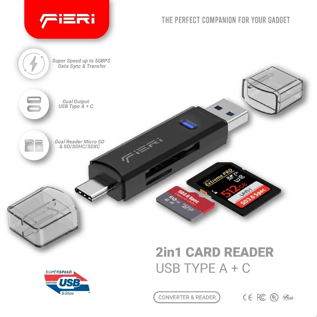 Fieri Dual Card Reader USB-A 3.0 & USB Type C Super Speed LED 5