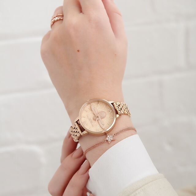 Olivia Burton Glitter Bee 3D Bee & Pale Rose Gold Bracelet OB16GD46