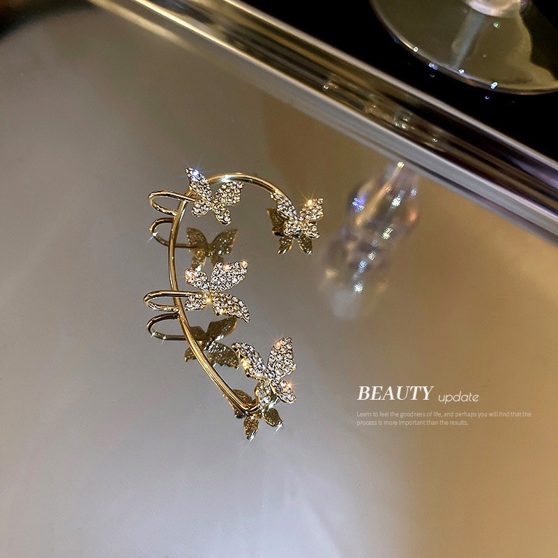 Simple Gold Silver Earrings Butterfly Crystal Ear Clip 2