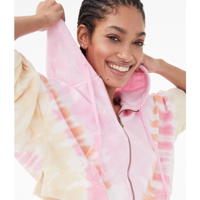Aéropostale Oversize Tie Dye Full Zipper Crop Hoodie - Pink AHZC 01
