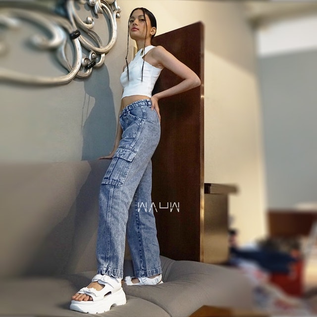 Highwaist Cargo Loose Jeans Snow Blue 1188 Crue