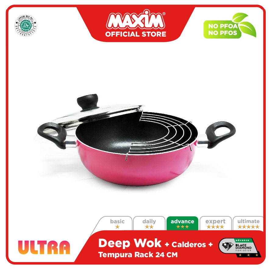 Maspion Maxim Ultra Pink Teflon Anti Lengket 24cm Deep Wok + Tempura + Tutup Kaca